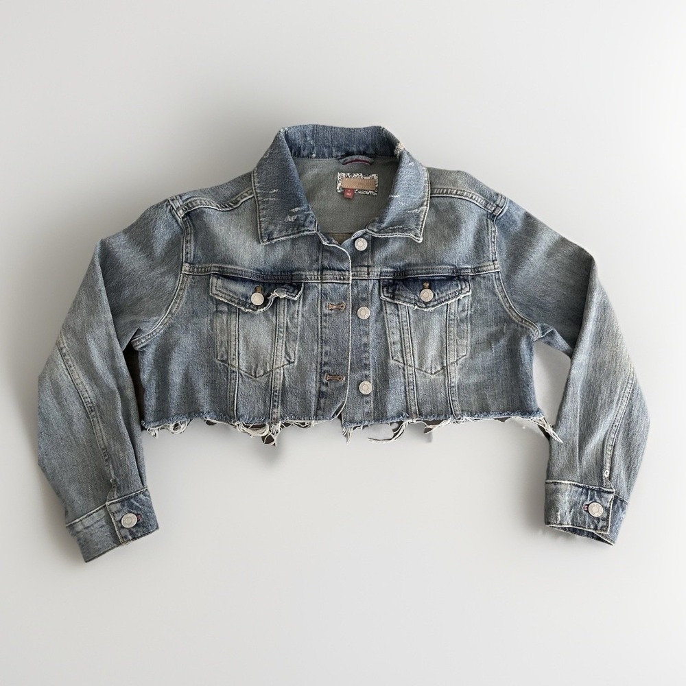 Anthropologie Pilcro Y2K Women Fringe Cropped Jean Jacket Small Long Sleeve Crop